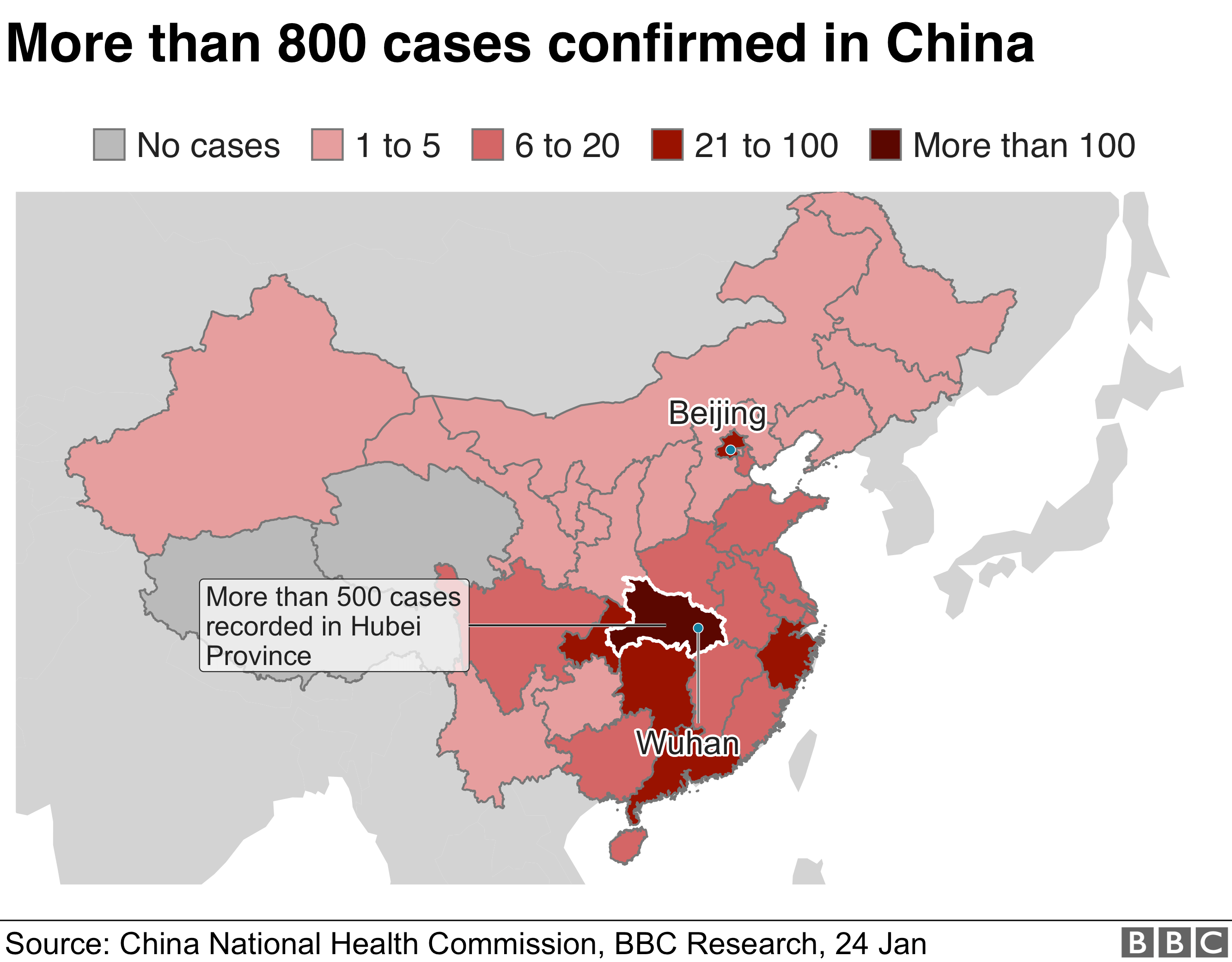 a map of china with red and white cases